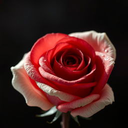A close-up, hyperrealistic image of a single rose, showcasing a deep reddish-white hue