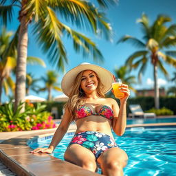 A beautiful young woman lounging by the pool, wearing a colorful bikini bottom and a stylish sun hat, enjoying a sunny day