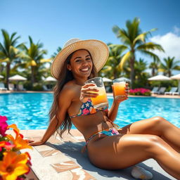 A beautiful young woman lounging by the pool, wearing a colorful bikini bottom and a stylish sun hat, enjoying a sunny day