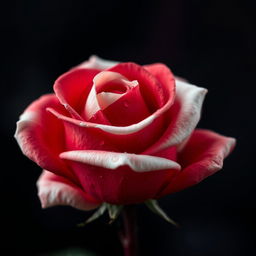 A close-up, hyperrealistic image of a single rose, featuring a deep reddish-white color scheme