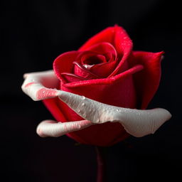 A close-up, hyperrealistic image of a single rose, featuring a deep reddish-white color scheme