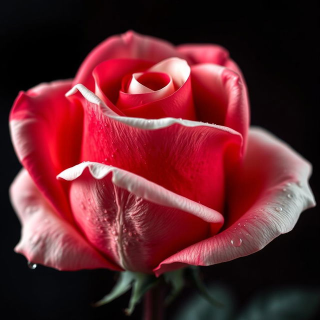 A close-up, hyperrealistic image of a single rose, featuring a deep reddish-white color scheme