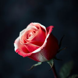 A close-up, hyperrealistic image of a single rose, featuring a deep reddish-white color scheme