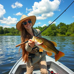 A young woman joyfully bass fishing on a serene lake during a sunny day