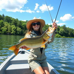 A young woman joyfully bass fishing on a serene lake during a sunny day