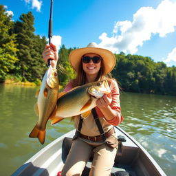 A young woman joyfully bass fishing on a serene lake during a sunny day