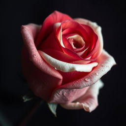 A close-up, hyperrealistic image of a single rose featuring deep reddish-white hues