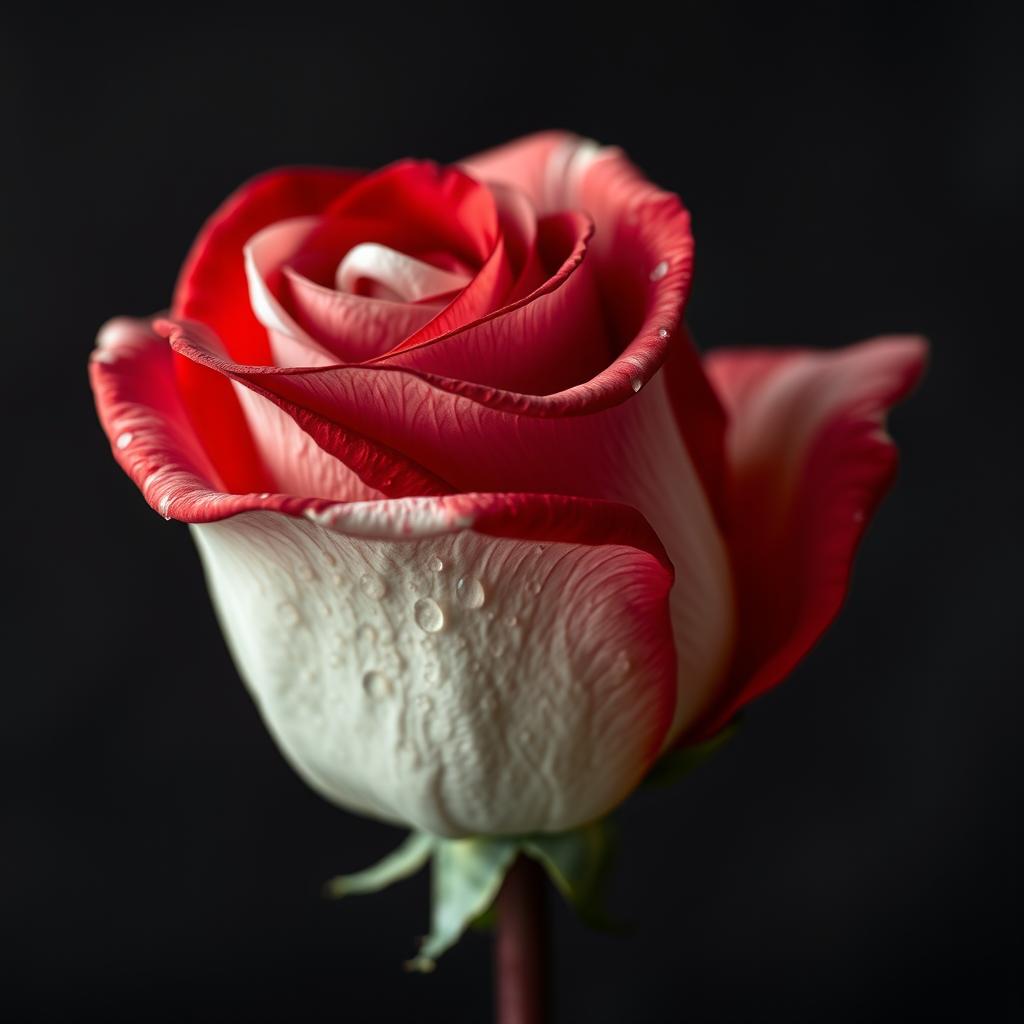 A close-up, hyperrealistic image of a single rose featuring deep reddish-white hues