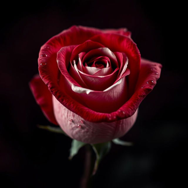 A close-up, hyperrealistic image of a single rose featuring deep reddish-white hues