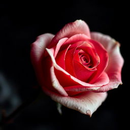 A close-up, hyperrealistic image of a single rose featuring deep reddish-white hues