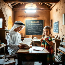 A charming scene of a boy and a girl in an old-style schoolhouse in Arabia
