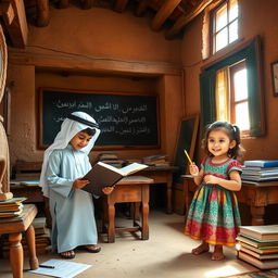 A charming scene of a boy and a girl in an old-style schoolhouse in Arabia