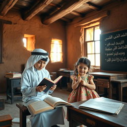 A charming scene of a boy and a girl in an old-style schoolhouse in Arabia