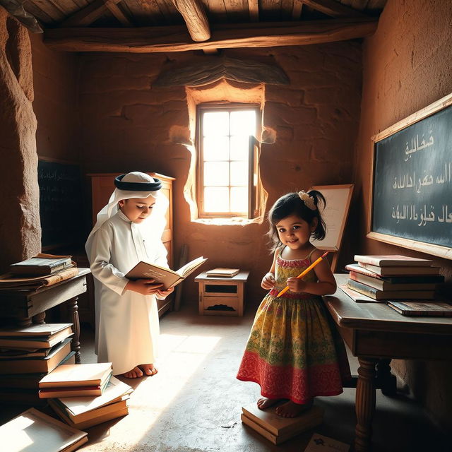 A charming scene of a boy and a girl in an old-style schoolhouse in Arabia