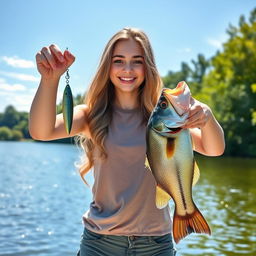 A beautiful young woman happily displaying a shiny fishing lure in one hand and a large caught bass fish in the other