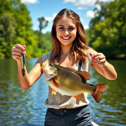 A beautiful young woman happily displaying a shiny fishing lure in one hand and a large caught bass fish in the other