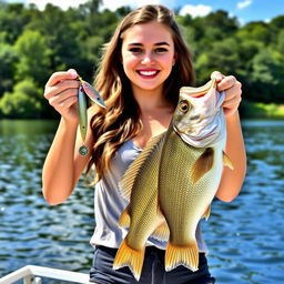 A beautiful young woman happily displaying a shiny fishing lure in one hand and a large caught bass fish in the other
