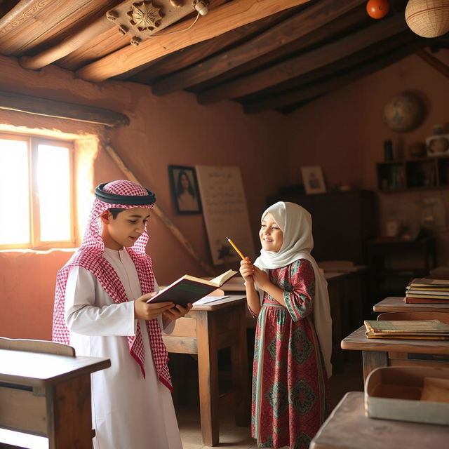 A charming scene of a boy and a girl in an old-fashioned schoolhouse in Arabia