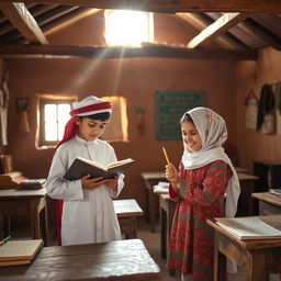 A charming scene of a boy and a girl in an old-fashioned schoolhouse in Arabia