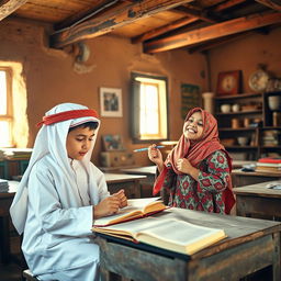A charming scene of a boy and a girl in an old-fashioned schoolhouse in Arabia