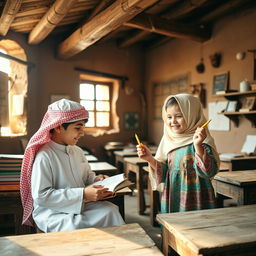 A charming scene of a boy and a girl in an old-fashioned schoolhouse in Arabia