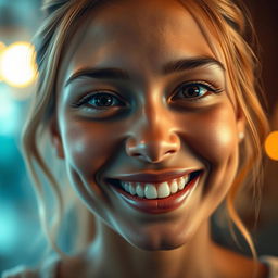 A close-up portrait of a person with an enhanced and bright face, showcasing glowing skin, expressive eyes, and a radiant smile