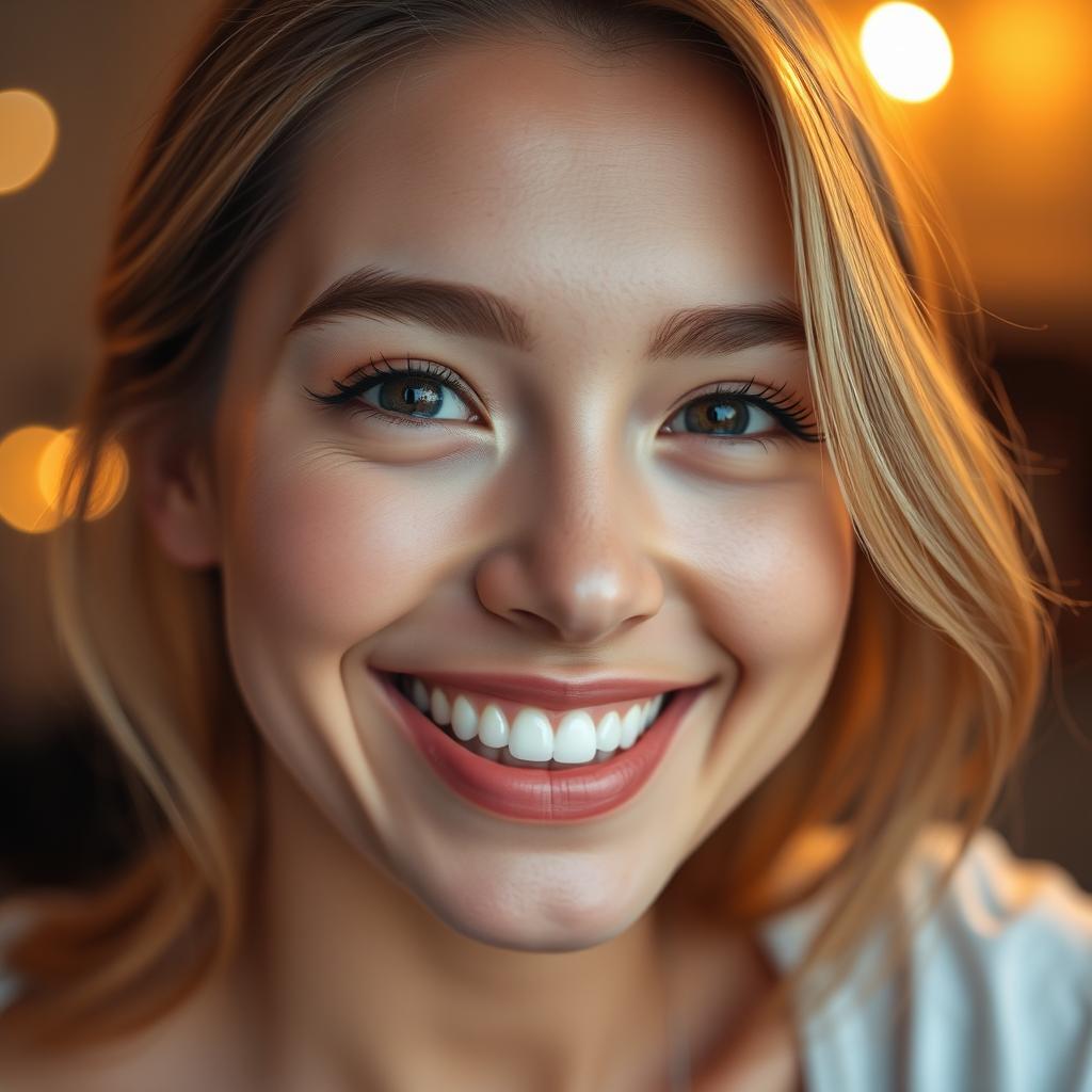 A close-up portrait of a person with an enhanced and bright face, showcasing glowing skin, expressive eyes, and a radiant smile