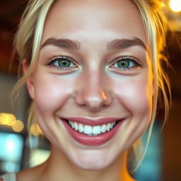 A close-up portrait of a person with an enhanced and bright face, showcasing glowing skin, expressive eyes, and a radiant smile