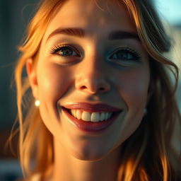 A close-up portrait of a person with an enhanced and bright face, showcasing glowing skin, expressive eyes, and a radiant smile