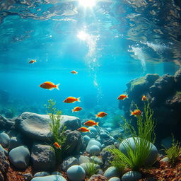 A stunning underwater scene of a serene river bed, showcasing the vibrant aquatic life and lush flora