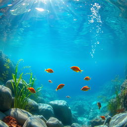 A stunning underwater scene of a serene river bed, showcasing the vibrant aquatic life and lush flora