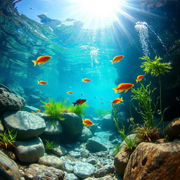 A stunning underwater scene of a serene river bed, showcasing the vibrant aquatic life and lush flora