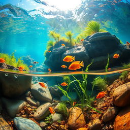 A stunning underwater scene of a serene river bed, showcasing the vibrant aquatic life and lush flora