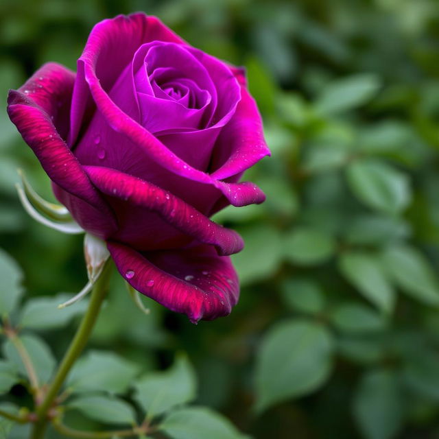 A striking image of a purple rose, showing its vibrant petals with rich shades of purple, delicate dew drops glistening on the petals, against a soft-focus background of lush green foliage