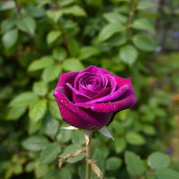 A striking image of a purple rose, showing its vibrant petals with rich shades of purple, delicate dew drops glistening on the petals, against a soft-focus background of lush green foliage