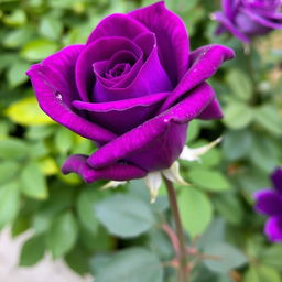 A striking image of a purple rose, showing its vibrant petals with rich shades of purple, delicate dew drops glistening on the petals, against a soft-focus background of lush green foliage