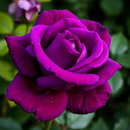 A striking image of a purple rose, showing its vibrant petals with rich shades of purple, delicate dew drops glistening on the petals, against a soft-focus background of lush green foliage