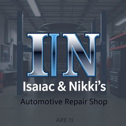 A modern business logo design featuring an automotive garage as the backdrop, showcasing elements like a car lift and various tools for an authentic automotive vibe