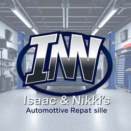 A modern business logo design featuring an automotive garage as the backdrop, showcasing elements like a car lift and various tools for an authentic automotive vibe
