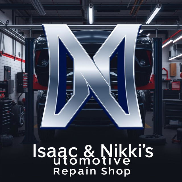 A modern business logo design featuring an automotive garage as the backdrop, showcasing elements like a car lift and various tools for an authentic automotive vibe