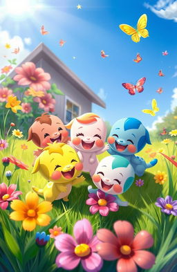 A vibrant digital painting featuring adorable small cartoon characters joyfully playing together in a lush, colorful environment