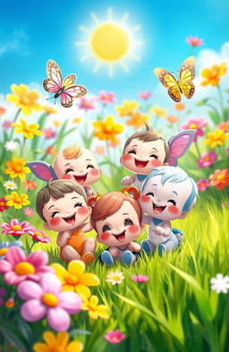 A vibrant digital painting featuring adorable small cartoon characters joyfully playing together in a lush, colorful environment