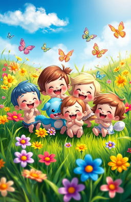 A vibrant digital painting featuring adorable small cartoon characters joyfully playing together in a lush, colorful environment
