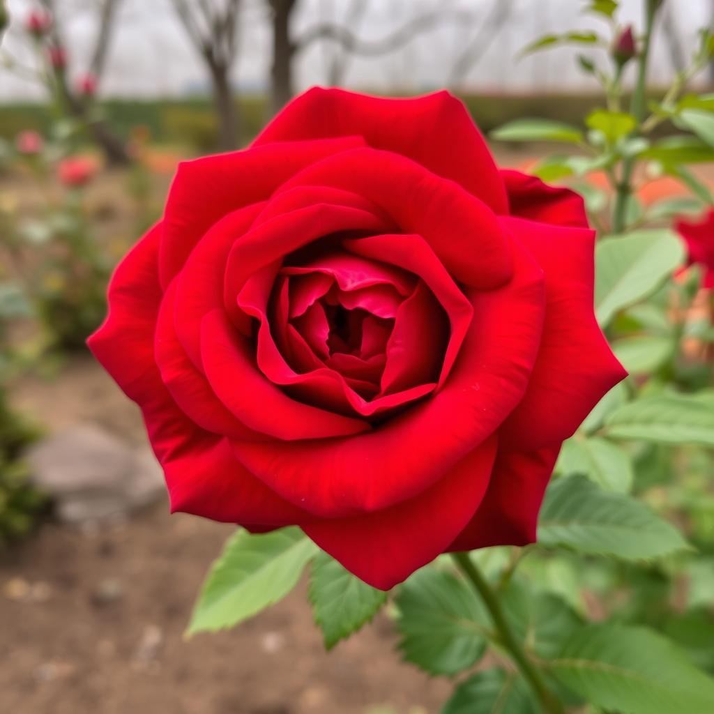 A vivid red rose in full bloom, showcasing intricate petal details and vibrant color saturation, surrounded by lush green leaves