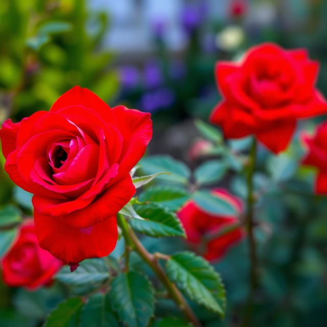 A vivid red rose in full bloom, showcasing intricate petal details and vibrant color saturation, surrounded by lush green leaves