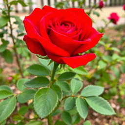 A vivid red rose in full bloom, showcasing intricate petal details and vibrant color saturation, surrounded by lush green leaves