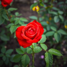 A vivid red rose in full bloom, showcasing intricate petal details and vibrant color saturation, surrounded by lush green leaves