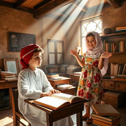 A delightful scene featuring a boy and a girl in a traditional, old schoolhouse in Arabia