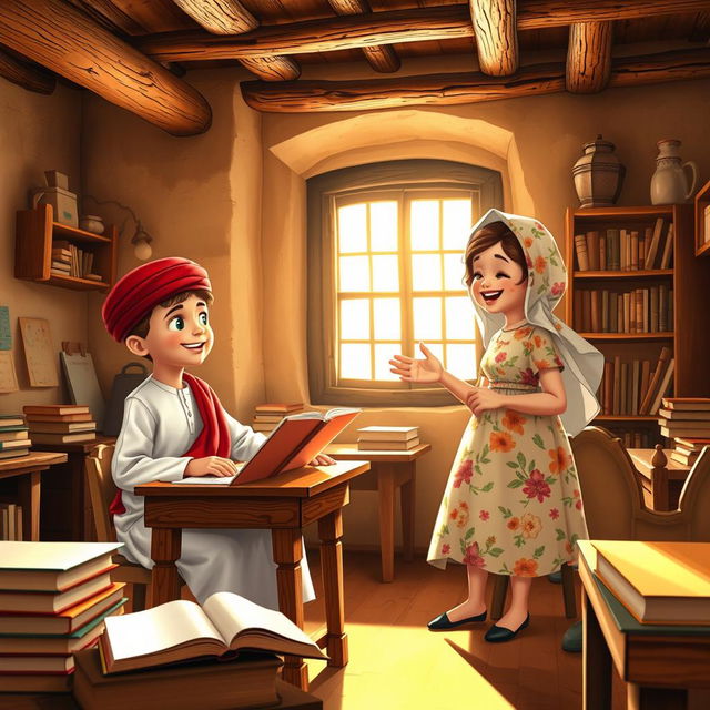 A delightful scene featuring a boy and a girl in a traditional, old schoolhouse in Arabia