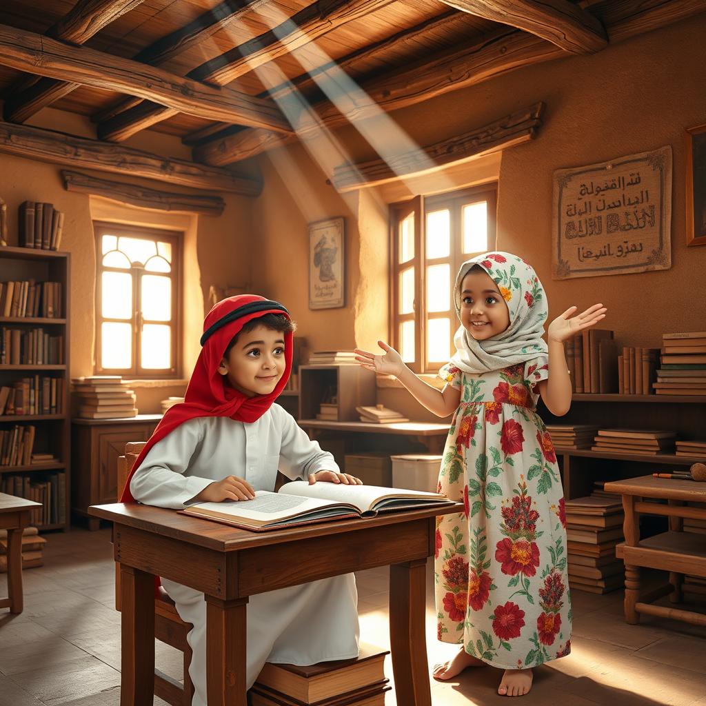 A delightful scene featuring a boy and a girl in a traditional, old schoolhouse in Arabia